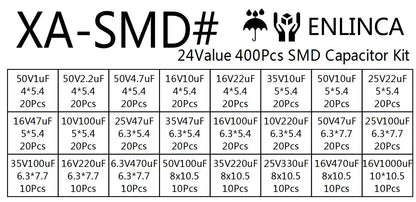 Kit Surtido Capacitor Electrolítico Aluminio SMD (1uF-1000uF, 24 Valores) - Pack 400 Piezas