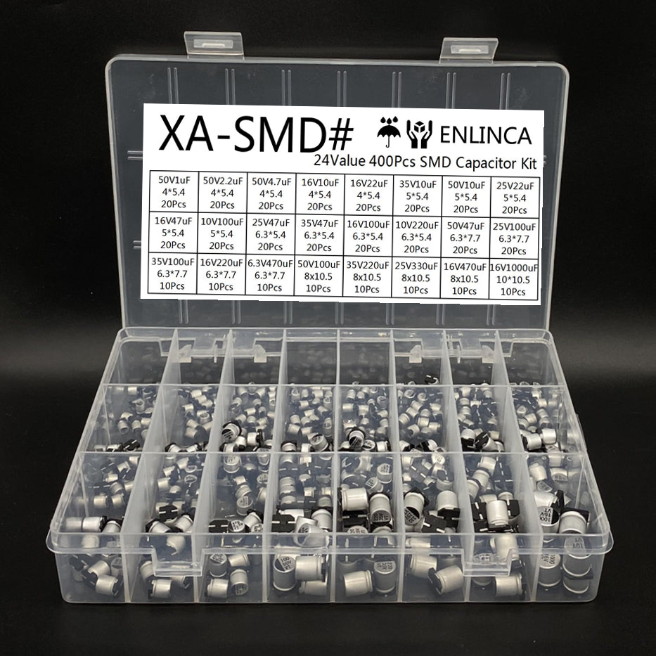 Kit Surtido Capacitor Electrolítico Aluminio SMD (1uF-1000uF, 24 Valores) - Pack 400 Piezas