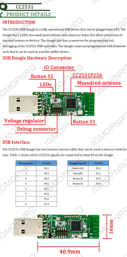 Módulo Sniffer Zigbee CC2531 / CC2540 (Placa Descubierta) Analizador Protocolo Paquetes con Dongle USB