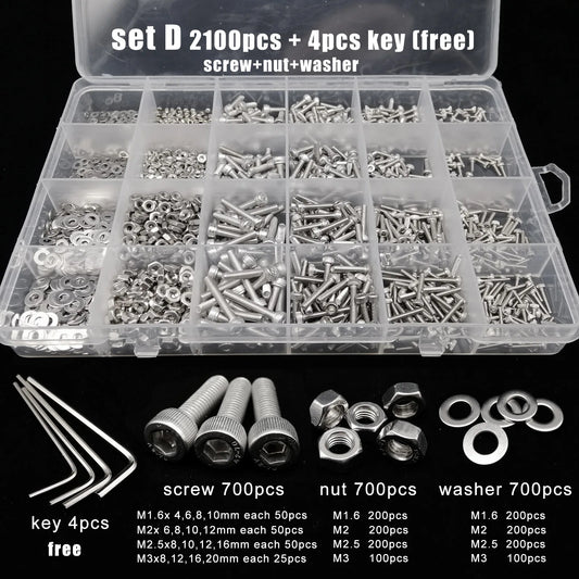 Kit Surtido Tornillos/Pernos/Tuercas Cabeza Hexagonal Acero Inoxidable 304 (M1.6/M2/M2.5/M3/M4/M5) (Total 400/650/1140/2100 Piezas)
