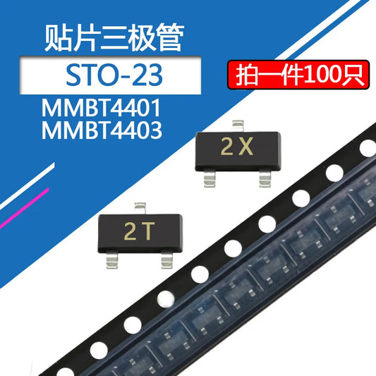 Transistores SMD NPN/PNP SOT-23: MMBT4401(2X)/MMBT4403(2T)/MMBT2222A(1P)/MMBT2907A(2F)/MMBT3904(1AM)/MMBT3906(2A)/MMBTA42(1D) - Lote 100 Piezas