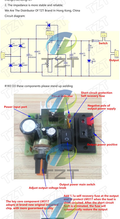 Kit DIY Módulo Fuente Alimentación Step-Down LM317 Regulador Voltaje Ajustable con Fusible Reseteable