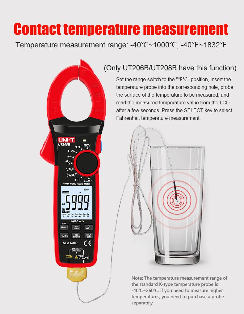 Pinza Amperimétrica Digital UNI-T UT207B/UT208B True RMS AC/DC 1000A 1000V LPF 6000 Cuentas