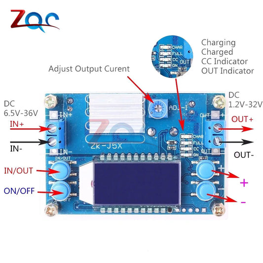 Módulo Fuente Alimentación Buck Ajustable DC 6.5-36V a 1.2-32V 5A CC/CV con Display LCD Digital y Carcasa