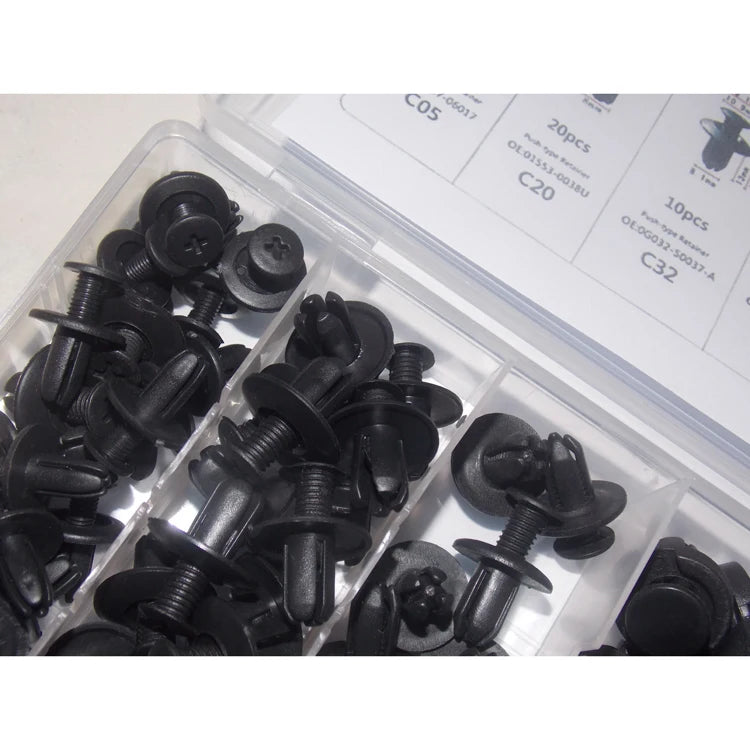 Clips Plásticos Surtidos Sujeción Auto (Remaches Retenedores Fijación Puerta) con Herramientas Desmontaje (100 Piezas)