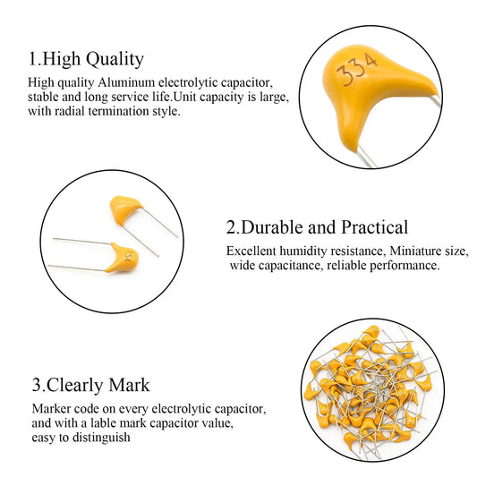 Capacitor Cerámico Multicapa (10pF-1uF, 50V, P=5.08mm) - Pack 100 Unidades (Valores Surtidos)