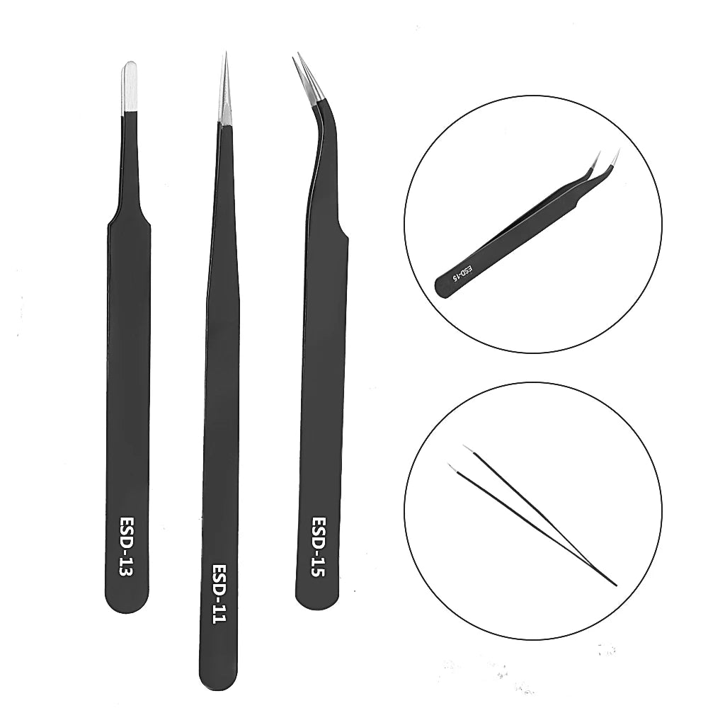 Set Pinzas Precisión Industrial Anti Estáticas Acero Inoxidable (Curva/Recta) para Reparación Reloj/Joyería/Móvil/Electrónica (6 Piezas)