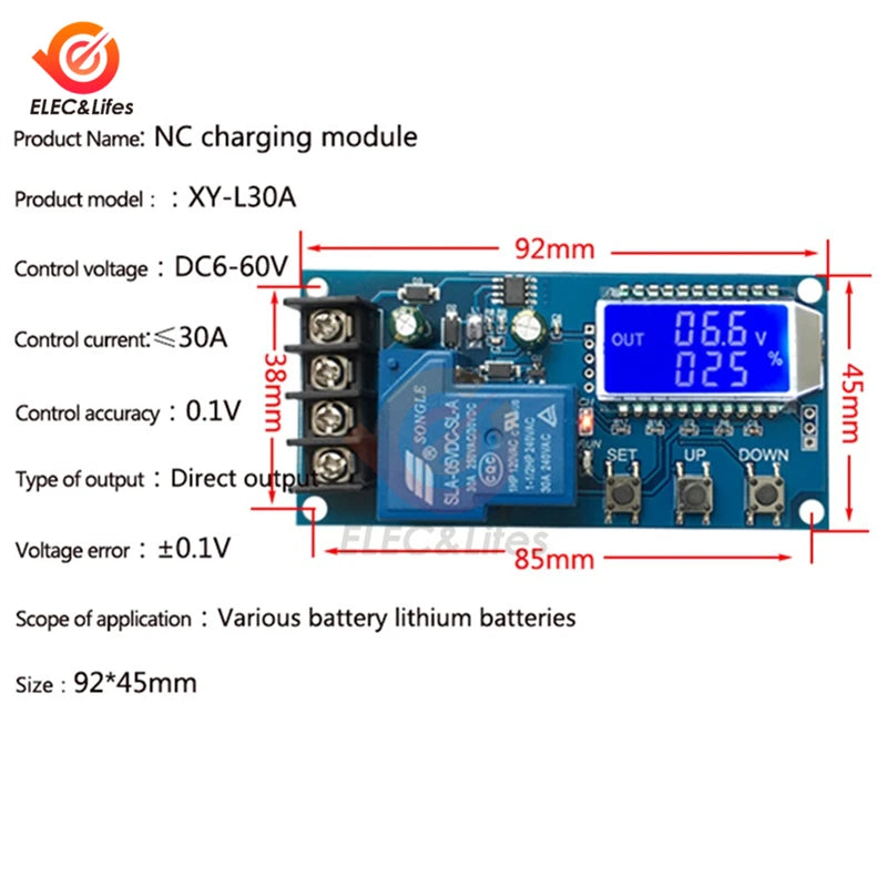 Módulo Control Cargador Batería Plomo-Ácido/Litio 20A/30A 6-60V Protección Sobrecarga Automático 12V/24V
