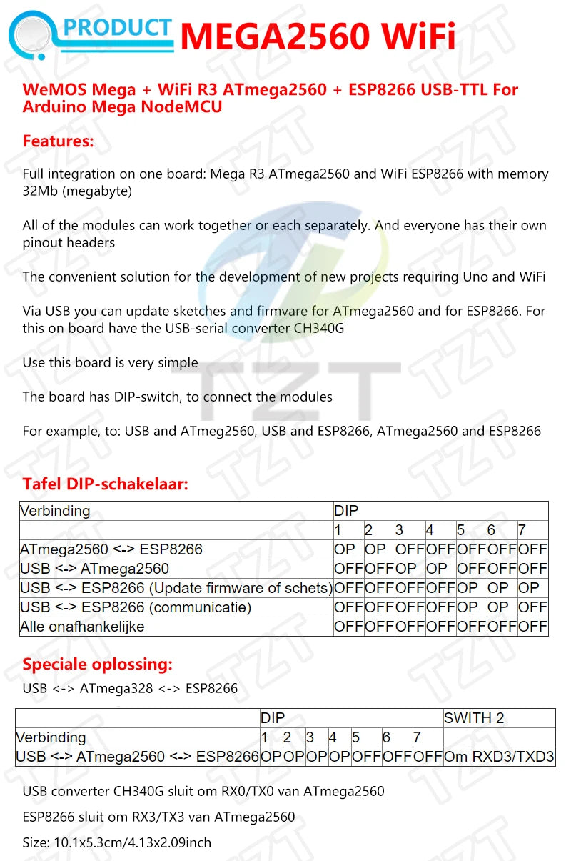 Placa Desarrollo TZT Mega2560 (ATMEGA16U2 / Pro Mini / WiFi R3 ATmega2560 CH340G) compatible Arduino Mega R3 / ESP8266