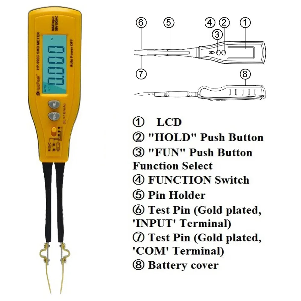 Medidor Capacitancia Digital BT-990C - Tester SMD Diodo/Resistencia (Tipo Pinza) + Puntas Repuesto