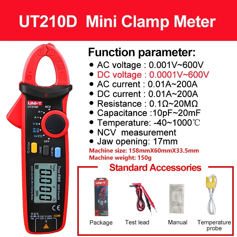 Pinza Amperimétrica Digital UNI-T UT210E/UT210D/UT210C - Mini Clamp Multímetro True RMS AC, Auto Rango