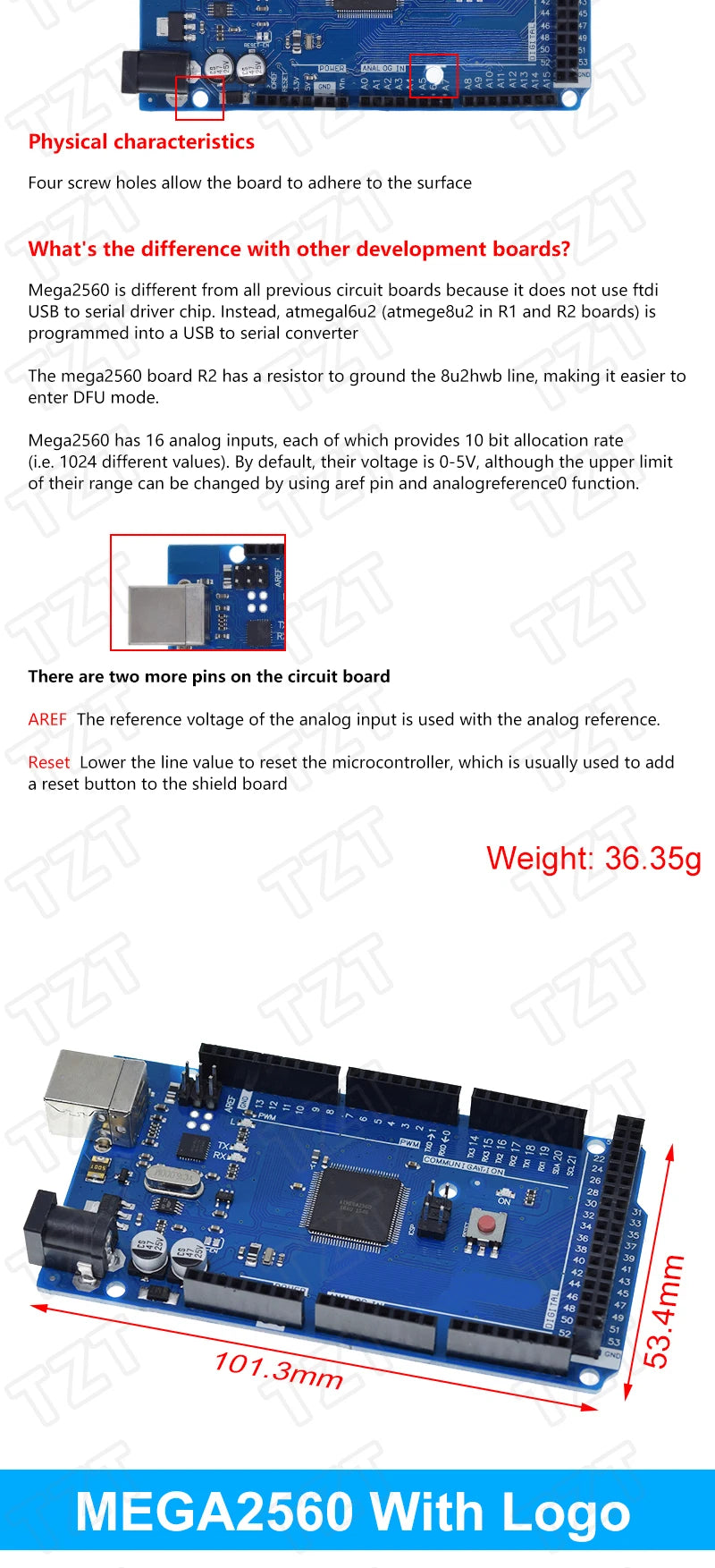 Placa Desarrollo TZT Mega2560 (ATMEGA16U2 / Pro Mini / WiFi R3 ATmega2560 CH340G) compatible Arduino Mega R3 / ESP8266