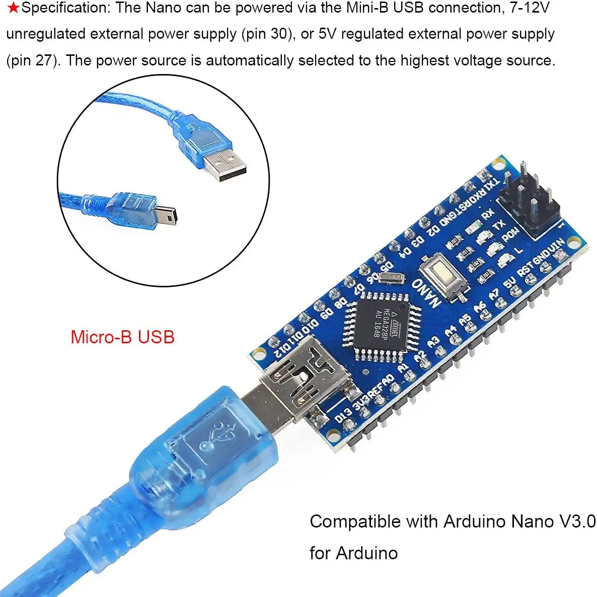 Placa Microcontrolador Mini Nano V3.0 (ATmega328P/168P, 16MHz, CH340) para Arduino
