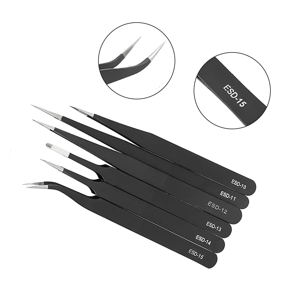 Set Pinzas Precisión Industrial Anti Estáticas Acero Inoxidable (Curva/Recta) para Reparación Reloj/Joyería/Móvil/Electrónica (6 Piezas)