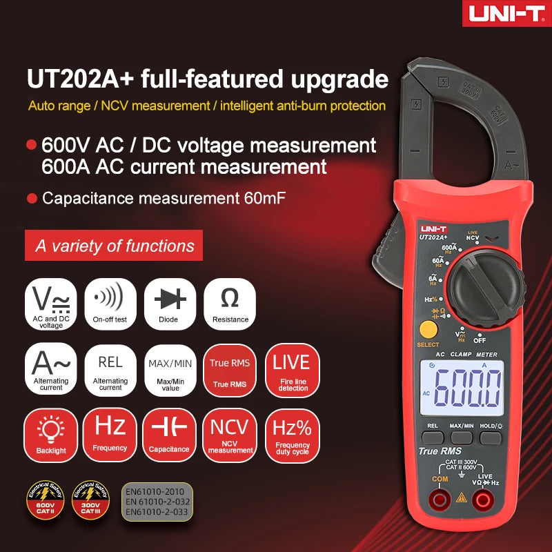 Pinza Amperimétrica Digital UNI-T UT204+ / UT202A+ (600A AC) - Tester Eléctrico Profesional True RMS, NCV, Auto Rango