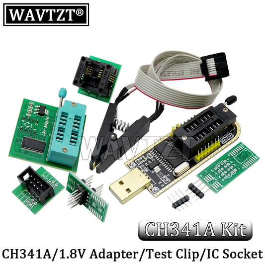 Kit Programador USB CH341A 24/25 Series EEPROM Flash BIOS + Clip Test SOIC8/SOP8 + Adaptador 1.8V + Adaptador SOIC8/SOP16