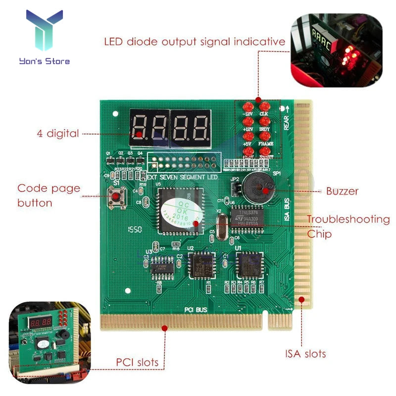Analizador Diagnóstico PC (4 Dígitos LCD) - Tarjeta POST Tester Motherboard ISA/PCI con Indicador LED