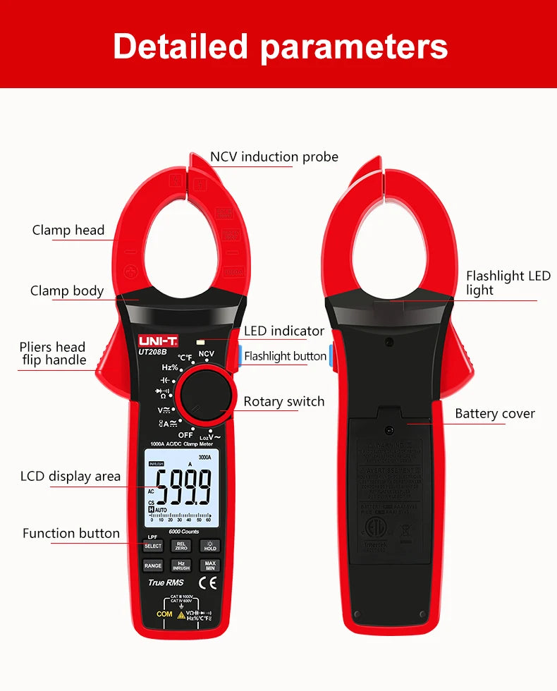 Pinza Amperimétrica Digital UNI-T UT207B/UT208B True RMS AC/DC 1000A 1000V LPF 6000 Cuentas