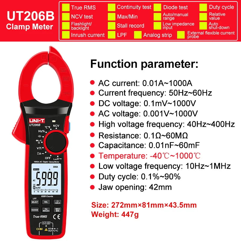 Pinza Amperimétrica Digital UNI-T UT207B/UT208B True RMS AC/DC 1000A 1000V LPF 6000 Cuentas