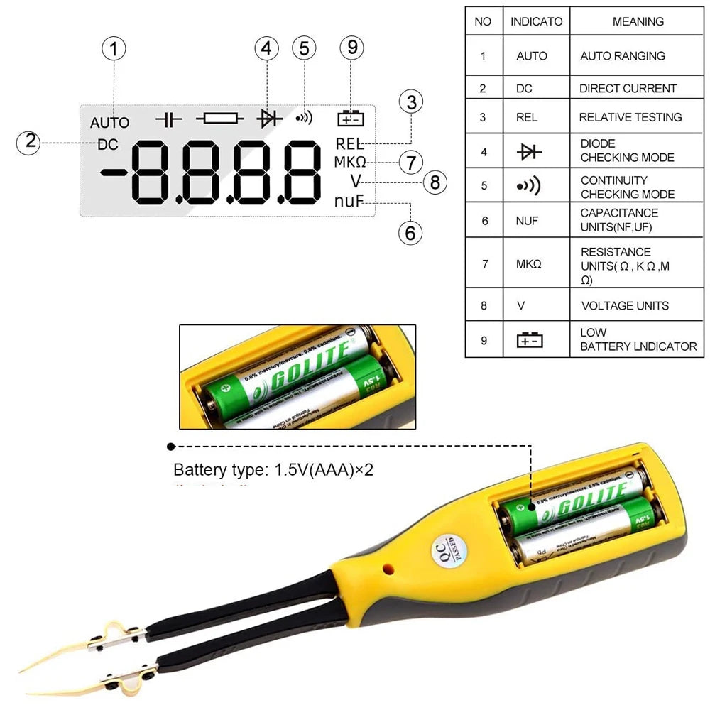 Medidor Capacitancia Digital BT-990C - Tester SMD Diodo/Resistencia (Tipo Pinza) + Puntas Repuesto