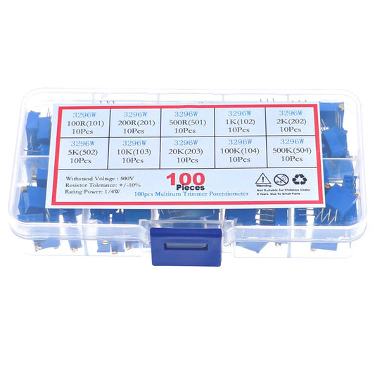 100Pcs/Box 3296W Multiturn Trimmer Potentiometer Kit High Precision Variable Resistor With Box Kit