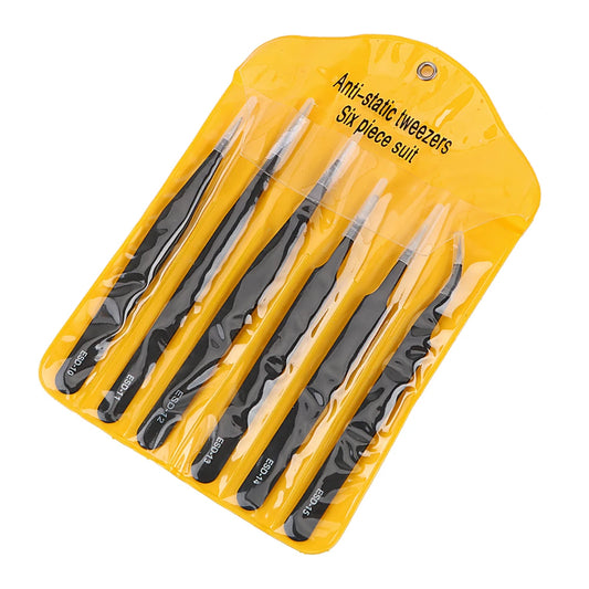 Set Pinzas Precisión Industrial Anti Estáticas Acero Inoxidable (Curva/Recta) para Reparación Reloj/Joyería/Móvil/Electrónica (6 Piezas)