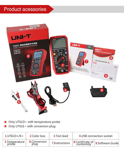 Multímetro Digital Profesional UNI-T UT61E/UT61D/UT61B - Test Capacitancia DC/AC 1000V (60mF/220mF), True RMS, Auto Rango
