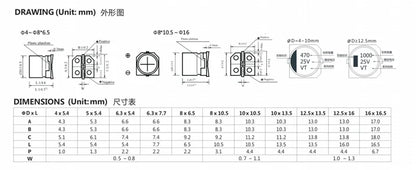 Capacitor Electrolítico Aluminio SMD (1uF-1000uF, 6.3V-63V) - Pack 10 Unidades (Valores Surtidos Originales)