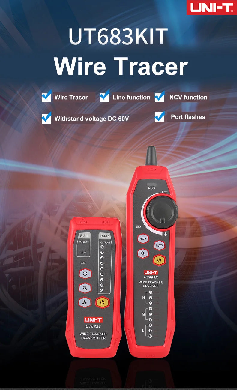 Kit Rastreador Cables LAN UNI-T UT683KIT - Tester Red RJ45/RJ11, Buscador Línea Telefónica, Herramienta Networking