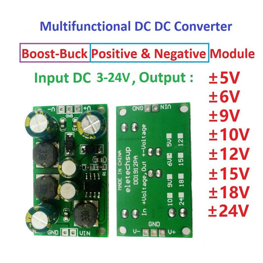 Módulo Convertidor Voltaje DC-DC Buck-Boost Salida Dual Positiva/Negativa (+/- 5V a 24V) 8W 3-24V Input
