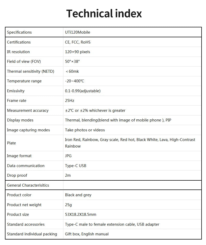 Termógrafo Infrarrojo Móvil UNI-T UTi120 / UTi261M USB para Celular - Cámara Térmica Reparación (Versión Rusa Handle)