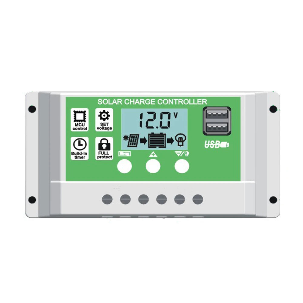 Controlador Carga Solar PWM Y&H 10A/20A/30A Batería Litio/Plomo-Ácido 12V/24V Auto Dual USB Regulador