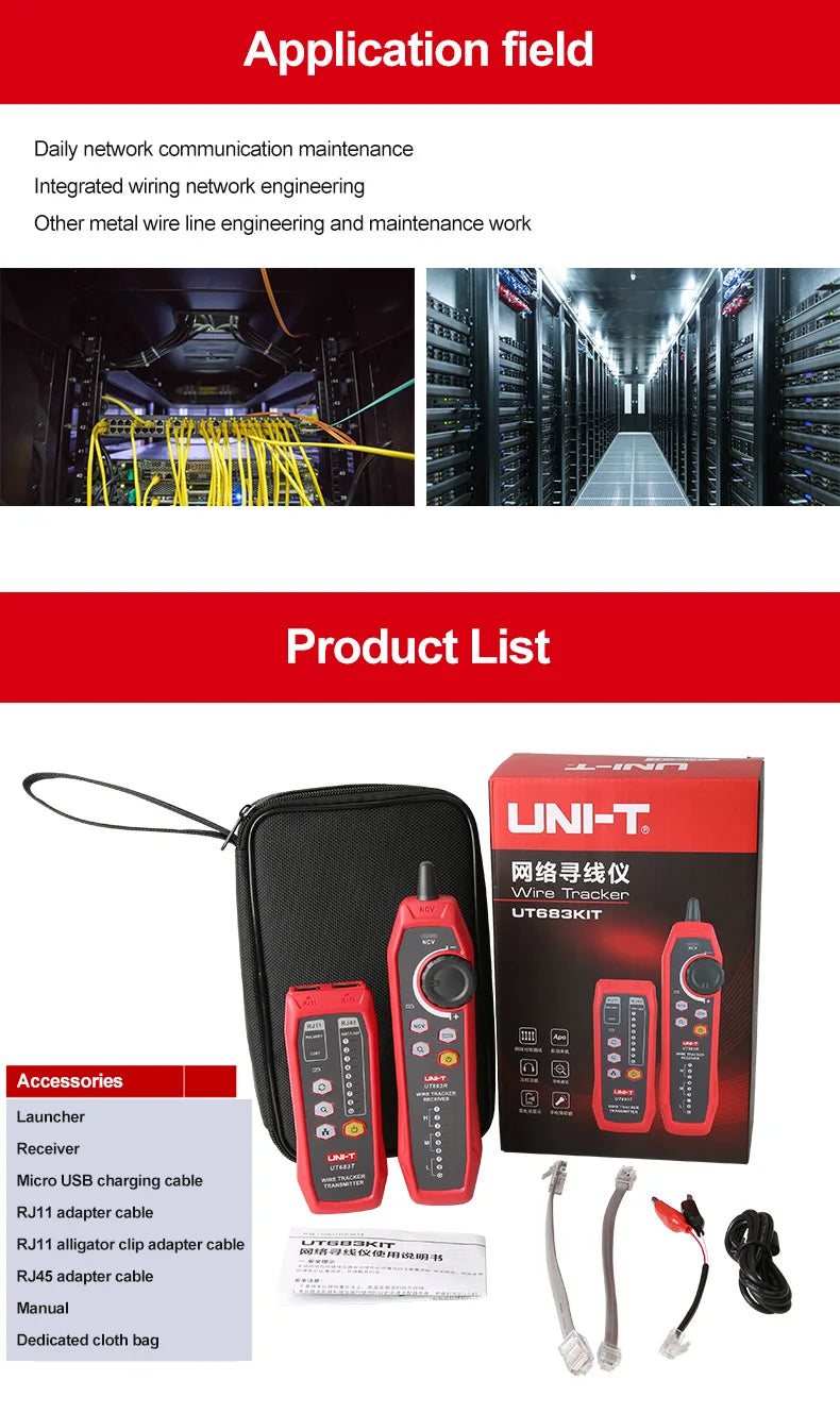 Kit Rastreador Cables LAN UNI-T UT683KIT - Tester Red RJ45/RJ11, Buscador Línea Telefónica, Herramienta Networking