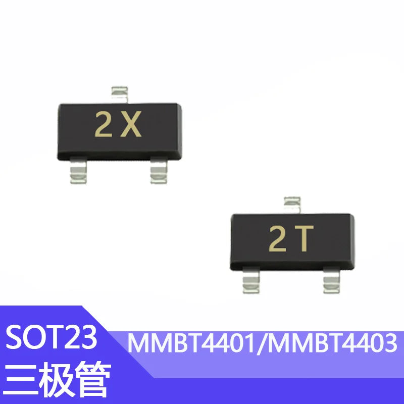 Transistores SMD NPN/PNP SOT-23: MMBT4401(2X)/MMBT4403(2T)/MMBT2222A(1P)/MMBT2907A(2F)/MMBT3904(1AM)/MMBT3906(2A)/MMBTA42(1D) - Lote 100 Piezas