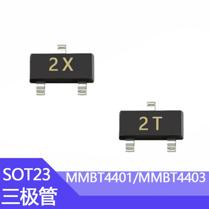 Transistores SMD NPN/PNP SOT-23: MMBT4401(2X)/MMBT4403(2T)/MMBT2222A(1P)/MMBT2907A(2F)/MMBT3904(1AM)/MMBT3906(2A)/MMBTA42(1D) - Lote 100 Piezas