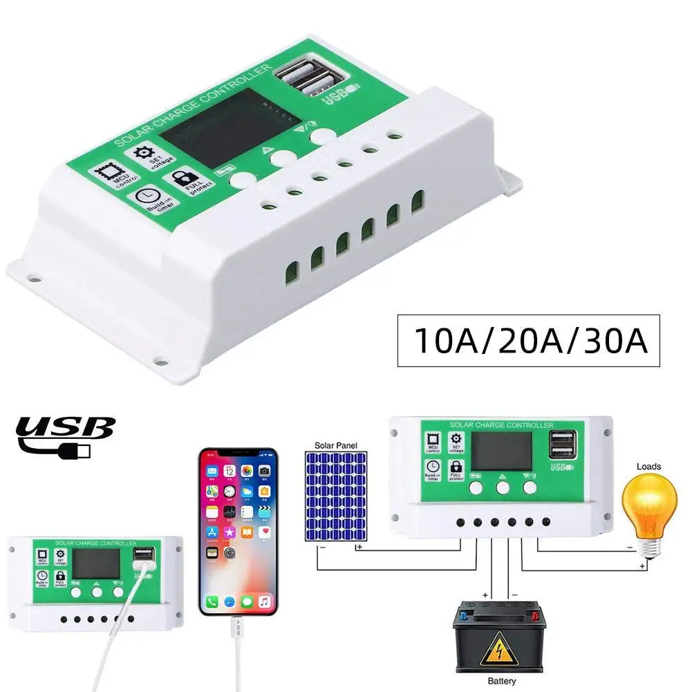 Controlador Carga Solar PWM Y&H 10A/20A/30A Batería Litio/Plomo-Ácido 12V/24V Auto Dual USB Regulador
