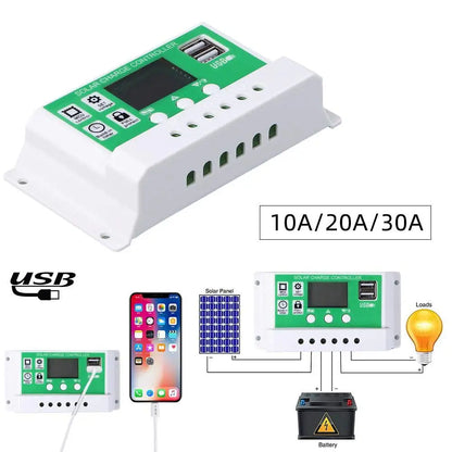Controlador Carga Solar PWM Y&H 10A/20A/30A Batería Litio/Plomo-Ácido 12V/24V Auto Dual USB Regulador