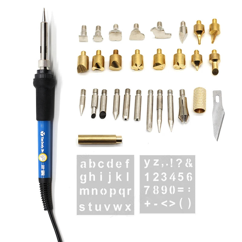 Kit Pirograbado 60W (Pluma Talla/Grabado Madera) con Cautín Soldador Temperatura Ajustable para Relieve/Quema Madera