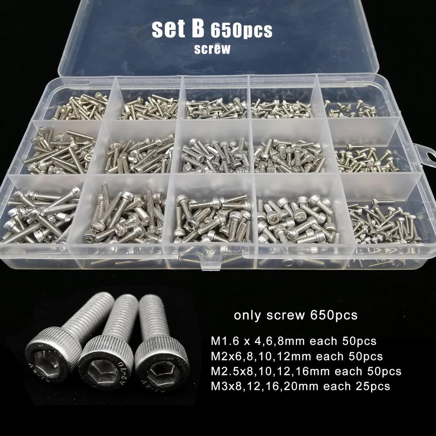 Kit Surtido Tornillos/Pernos/Tuercas Cabeza Hexagonal Acero Inoxidable 304 (M1.6/M2/M2.5/M3/M4/M5) (Total 400/650/1140/2100 Piezas)
