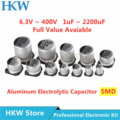Capacitor Electrolítico Aluminio SMD (1uF-1000uF, 6.3V-63V) - Pack 10 Unidades (Valores Surtidos Originales)