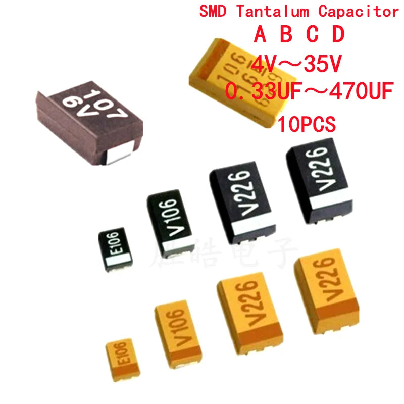 Capacitor Tantalio SMD (Tipo A/B/C/D, 6.3V-35V, 0.33uF-470uF) (10 Unidades)
