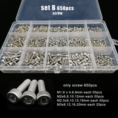 Kit Surtido Tornillos/Pernos/Tuercas Cabeza Hexagonal Acero Inoxidable 304 (M1.6/M2/M2.5/M3/M4/M5) (Total 400/650/1140/2100 Piezas)
