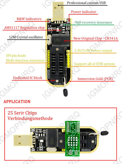 Kit Programador USB CH341A 24/25 Series EEPROM Flash BIOS + Clip Test SOIC8/SOP8 (Variante CH)