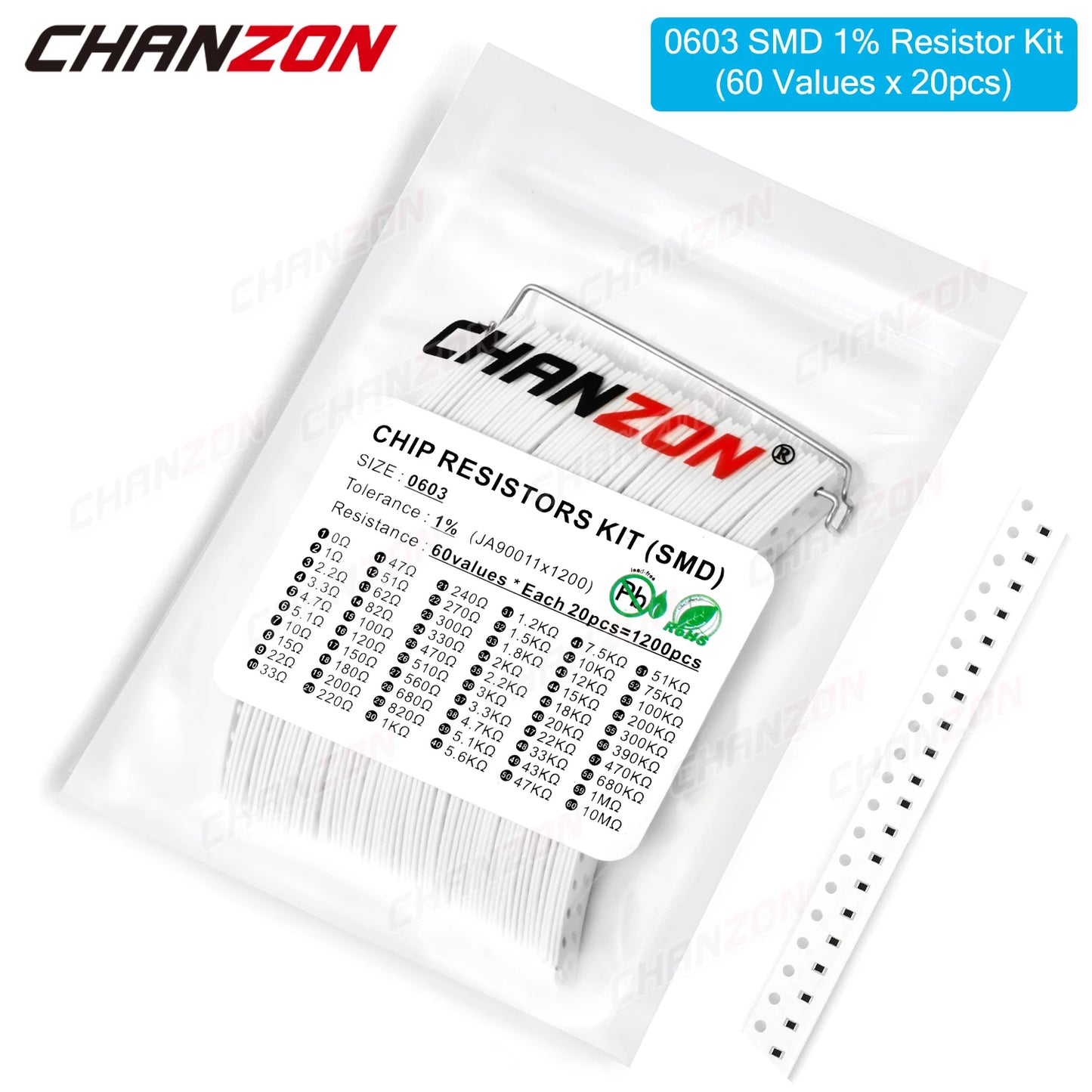Kit Surtido Resistencias Chip SMD 0603 1% 1/10W - 60 Valores (0Ω a 10MΩ) (Total 1200 Piezas)