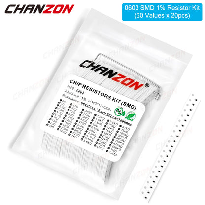 Kit Surtido Resistencias Chip SMD 0603 1% 1/10W - 60 Valores (0Ω a 10MΩ) (Total 1200 Piezas)