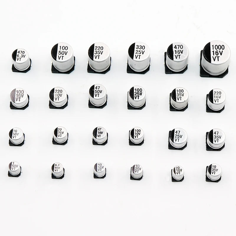 Capacitor Electrolítico Aluminio SMD (1uF-220uF, 10V-50V) - Pack 20 Unidades (Valores Surtidos)
