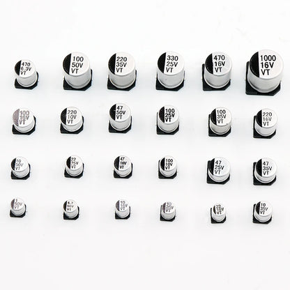 Capacitor Electrolítico Aluminio SMD (1uF-220uF, 10V-50V) - Pack 20 Unidades (Valores Surtidos)