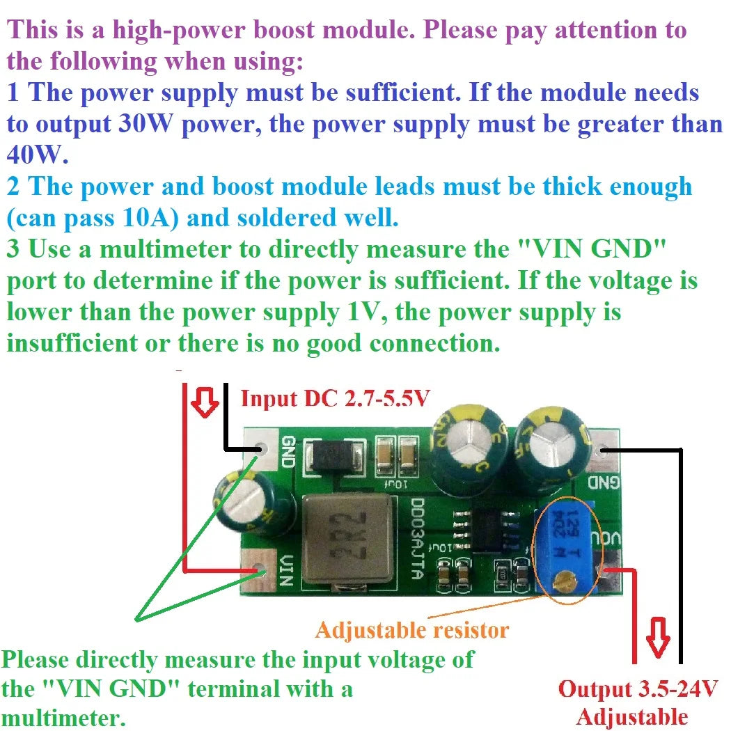 6A High-power DC 2.7-5.5V to 3.5-24V Step-Up Boost Converter Module for Li-ion Lipo UVLO PTZ IP Camera PLC Motro LED