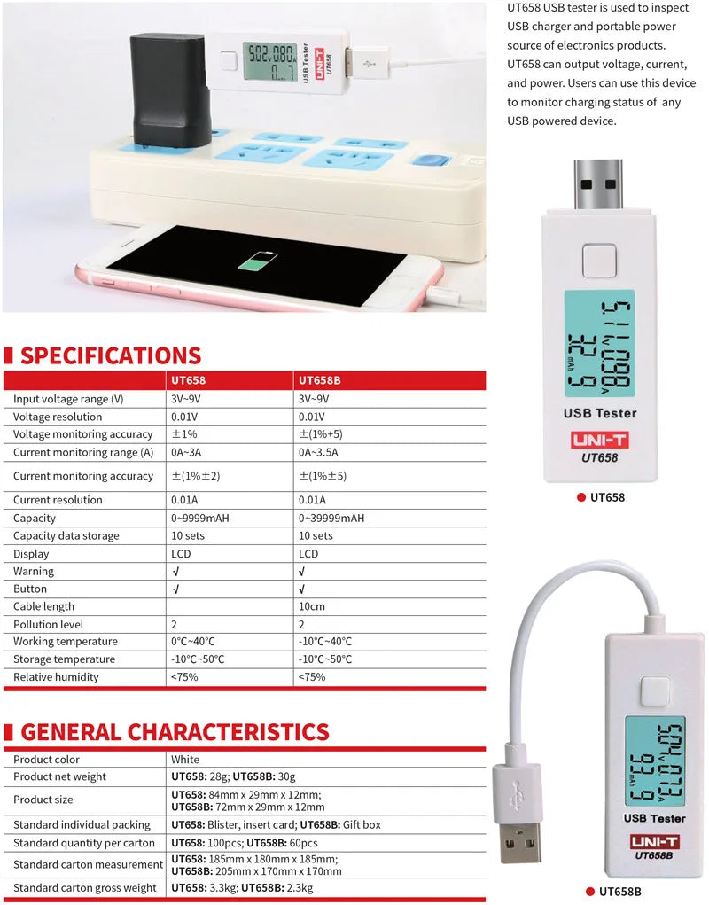 Tester USB UNI-T Serie UT658 (UT658B/UT658C/UT658LOAD/UT658DUAL)