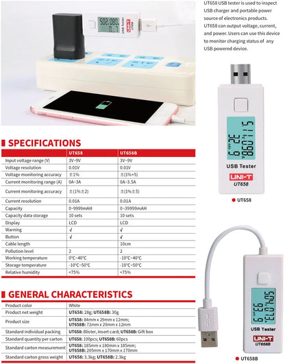 Tester USB UNI-T Serie UT658 (UT658B/UT658C/UT658LOAD/UT658DUAL)
